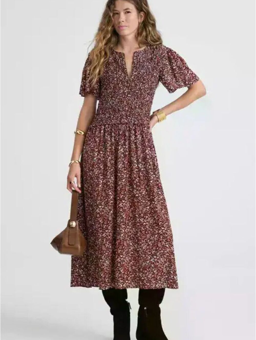 Madewell Burgundy Floral Zip Front Smocked Midi Dress Size 2 Flutter Sleeve